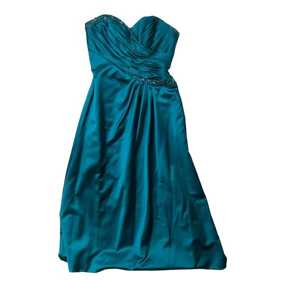 David's Bridal Satin A Line Draped Gown Beaded Neckline Strapless Turquoise - Picture 4 of 13
